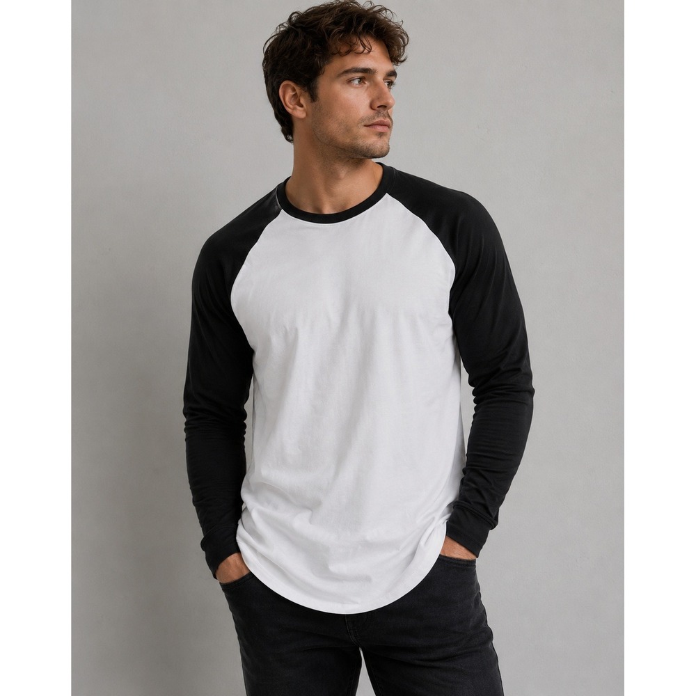 Royal Avalon Mens Baseball Raglan T-Shirt White Black Long Sleeve Cotton L